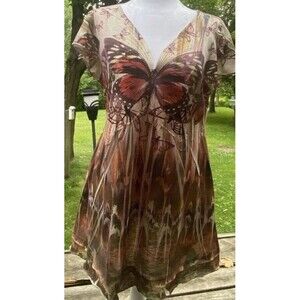 Womens Sz MediumY2K  Butterfly Top Burnout Rhinestones Babydoll Fairycore Earthy